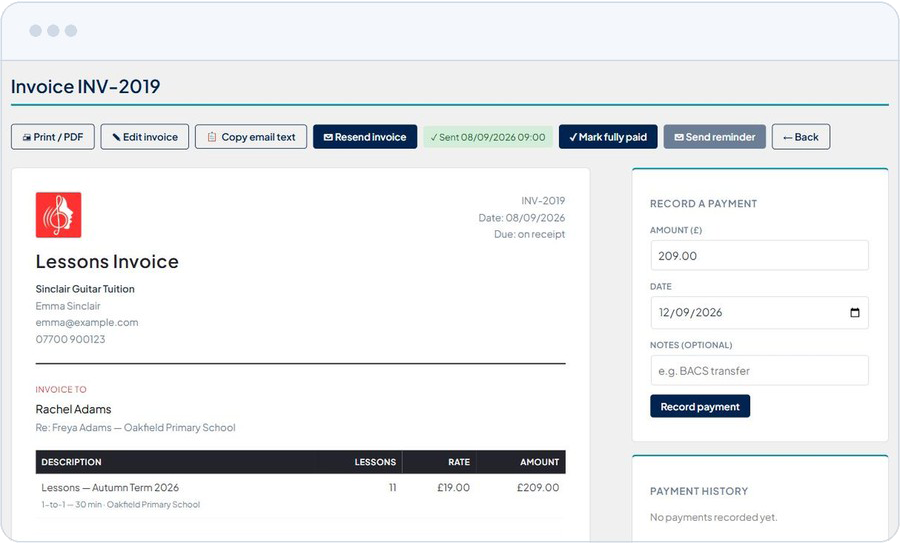 PeriAdmin invoices screen with parent and school invoices