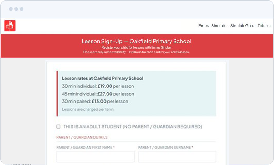 PeriAdmin online sign-up form for parents